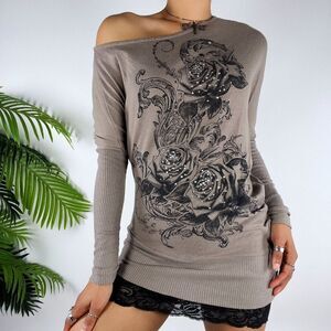 Vintage Y2K Fairy Grunge Floral Rhinestone Off The Shoulder Long Sleeve Top / L